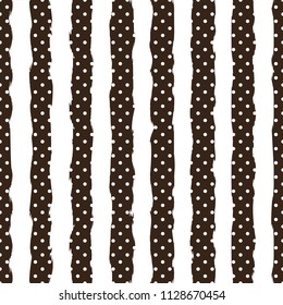 Gold polka dot on trendy background of white and black stripes seamless pattern. Golden foil confetti. Elegant pattern for Christmas background, textile, paper packaging and other design. EPS 10