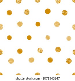 Gold polka dot, seamless pattern, hand drawn circles, card, abstract background, holiday banner, flyer, wrapping paper, print. Vector illustration
