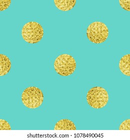 Gold polka dot seamless pattern on blue. Geometrical background with hand drawn golden circles. Vector illustration.