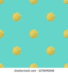 Gold polka dot seamless pattern on blue. Geometrical background with hand drawn golden circles. Vector illustration.