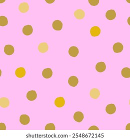 Gold polka dots seamless pattern. Small points on pink background. Festive dotted backdrop. Minimalist Christmas ornament. 