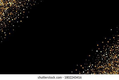 Gold Polka Happy Black Background. Bright Shine Wallpaper. Golden Sequin Abstract Postcard. Circle Festive Invitation.