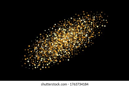 Gold Polka Isolated Black Background. Falling Confetti Wallpaper. Golden Rain Happy Backdrop. Round Paper Postcard.