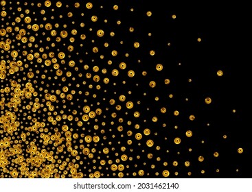 Gold Polka Transparent Vector Black Background. Happy Splash Invitation. Golden Round Bright Banner. Glow Falling Wallpaper.