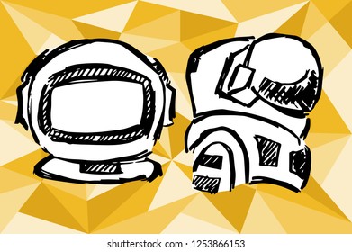 Gold Polygon Geometric Astronaut Spaceman Universe Technology Cartoon for Women Hand Drawn / Sketch for Graphic Design, Shirt, Background, Logo, Icon and Template. Vector Illustration EPS10 Collection