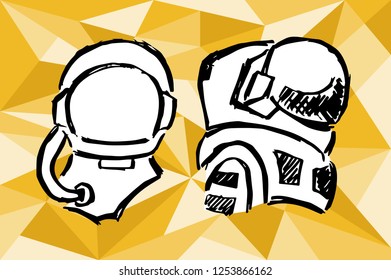 Gold Polygon Geometric Astronaut Spaceman Universe Technology Cartoon for Women Hand Drawn / Sketch for Graphic Design, Shirt, Background, Logo, Icon and Template. Vector Illustration EPS10 Collection