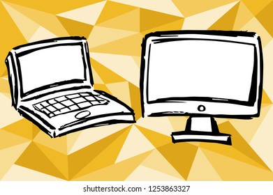 Gold Polygon Geometric Computer Laptop LCD Business Technology for Women Hand Drawn / Sketch for Graphic Design, Shirt, Background, Logo, Icon and Template. Vector Illustration EPS10 Collection