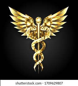 Gold polygonal Caduceus symbols on black isolated background. Low poly symbol of medicine.