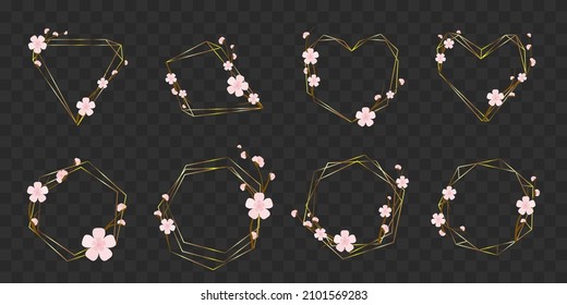 Gold polygonal floral frames with cherry blossom. Sakura spring vector graphic for banners, posters, invitations.