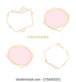 Gold polygonal frame with gold glitter triangles, geometric, diamond shapes.