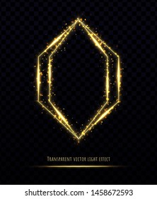 Gold polygonal frame with light effects isolated on transparent background. Shining multangular border with glowing sparkles.