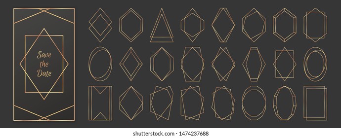 Gold polygonal frames collection isolated on dark grey background. Vector illustration in art deco style - perfect decision for wedding invitations, birthday cards, luxury posters etc.
