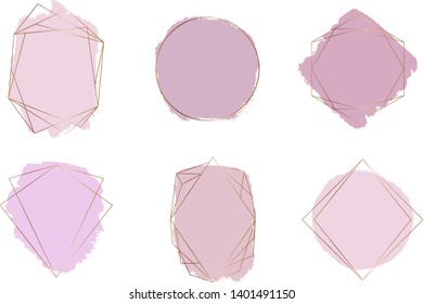 Gold polygonal frames with pink and nude colors brush stroke watercolor texture. Geometric shape with watercolor washes. Trendy templates for banner, flyer, poster, save the date, greeting, wedding in