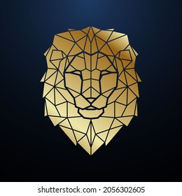 Gold Polygonal Lion head. Geometric Lion Portrait. Vector template for tattoo, clothers, t-shirt, poster etc. Mascot wild cat.