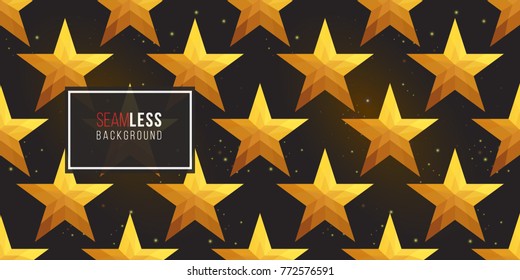 Gold polygonal shape: american star on black sparkle background. Lowpoly seamless pattern in hipster triangle low poly style. Golden background for vip, gift, website luxury design