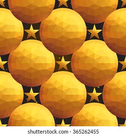 Gold polygonal shape: circle and american star on black gold sparkle background. Gold polygonal seamless pattern in hipster triangle low poly style. Gold background for vip gift, website luxury design