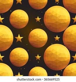 Gold polygonal shape: circle and american star on black gold sparkle background. Gold polygonal seamless pattern in hipster triangle low poly style. Gold background for vip gift, website luxury design