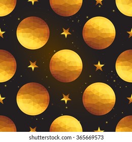 Gold polygonal shape: circle and american star on black gold sparkle background. Gold polygonal seamless pattern in hipster triangle low poly style. Gold background for vip gift, website luxury design