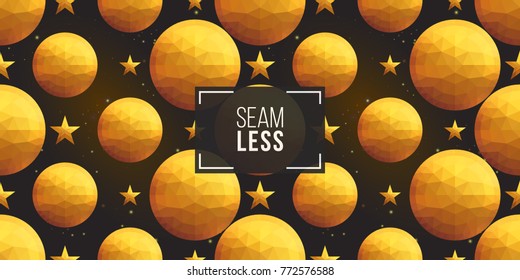 Gold polygonal shape: circle and american star on black sparkle background. Lowpoly seamless pattern in hipster triangle low poly style. Golden background for vip, gift, website luxury design