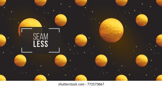 Gold polygonal shape: circle on black sparkle background. Lowpoly seamless pattern in hipster triangle low poly style. Golden background for vip, gift, website luxury design