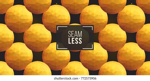 Gold polygonal shape: circle on black sparkle background. Lowpoly seamless pattern in hipster triangle low poly style. Golden background for vip, gift, website luxury design