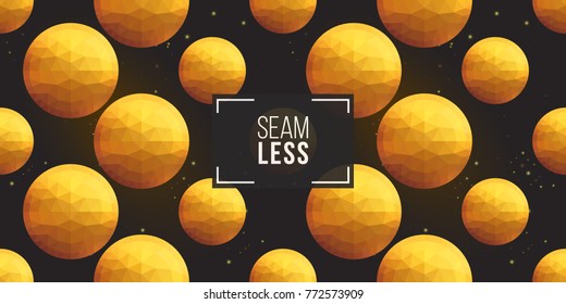 Gold polygonal shape: circle on black sparkle background. Lowpoly seamless pattern in hipster triangle low poly style. Golden background for vip, gift, website luxury design