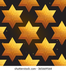 Gold polygonal shape: david star on black gold sparkle background. Gold polygonal seamless pattern in hipster triangle low poly style. Gold background for vip, gift, website luxury design