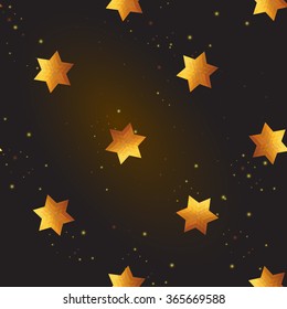 Gold polygonal shape: david star on black gold sparkle background. Gold polygonal seamless pattern in hipster triangle low poly style. Gold background for vip, gift, website luxury design