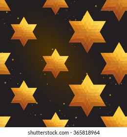 Gold polygonal shape: david star on black gold sparkle background. Gold polygonal seamless pattern in hipster triangle low poly style. Gold background for vip, gift, website luxury design