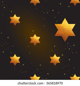 Gold polygonal shape: david star on black gold sparkle background. Gold polygonal seamless pattern in hipster triangle low poly style. Gold background for vip, gift, website luxury design