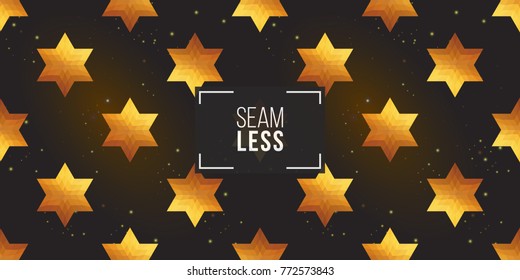 Gold polygonal shape: david star on black sparkle background. Lowpoly seamless pattern in hipster triangle low poly style. Golden background for vip, gift, website luxury design
