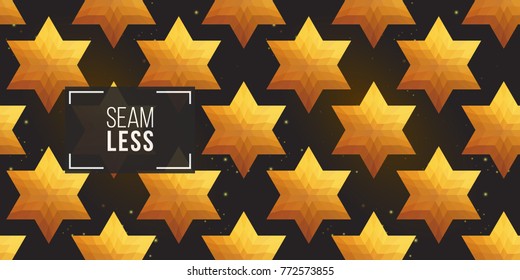 Gold polygonal shape: david star on black sparkle background. Lowpoly seamless pattern in hipster triangle low poly style. Golden background for vip, gift, website luxury design
