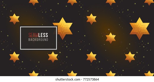 Gold polygonal shape: david star on black sparkle background. Lowpoly seamless pattern in hipster triangle low poly style. Golden background for vip, gift, website luxury design