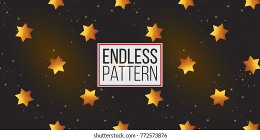 Gold polygonal shape: david star on black sparkle background. Lowpoly seamless pattern in hipster triangle low poly style. Golden background for vip, gift, website luxury design