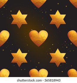 Gold polygonal shape: heart and david star on black gold sparkle background. Gold polygonal seamless pattern in hipster triangle low poly style. Gold background for vip, gift, website luxury design