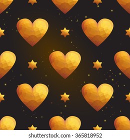 Gold polygonal shape: heart and david star on black gold sparkle background. Gold polygonal seamless pattern in hipster triangle low poly style. Gold background for vip, gift, website luxury design