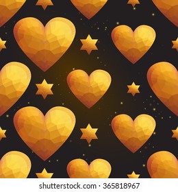 Gold polygonal shape: heart and david star on black gold sparkle background. Gold polygonal seamless pattern in hipster triangle low poly style. Gold background for vip, gift, website luxury design