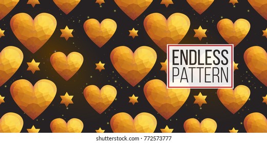 Gold polygonal shape: heart and david star on black sparkle background. Lowpoly seamless pattern in hipster triangle low poly style. Golden background for vip, gift, website luxury design