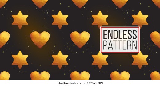 Gold polygonal shape: heart and david star on black sparkle background. Lowpoly seamless pattern in hipster triangle low poly style. Golden background for vip, gift, website luxury design