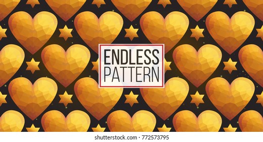 Gold polygonal shape: heart and david star on black sparkle background. Lowpoly seamless pattern in hipster triangle low poly style. Golden background for vip, gift, website luxury design