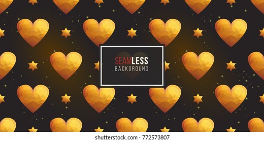 Gold polygonal shape: heart and david star on black sparkle background. Lowpoly seamless pattern in hipster triangle low poly style. Golden background for vip, gift, website luxury design