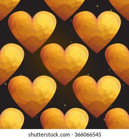 Gold polygonal shape: heart on black gold sparkle background. Gold polygonal seamless pattern in hipster triangle low poly style. Gold background for vip, gift, website luxury design