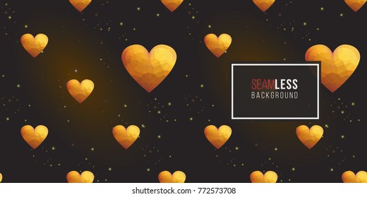 Gold polygonal shape: heart on black sparkle background. Lowpoly seamless pattern in hipster triangle low poly style. Golden background for vip, gift, website luxury design