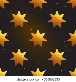 Gold polygonal shape: magic star on black gold sparkle background. Gold polygonal seamless pattern in hipster triangle low poly style. Gold background for vip, gift, website luxury design