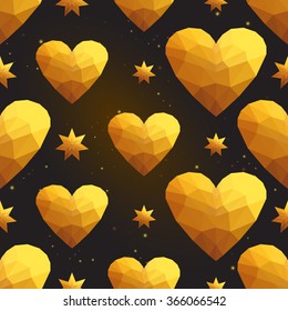 Gold polygonal shape: magic star and golden heart on black gold sparkle background. Gold poly seamless pattern in hipster triangle low poly style. Gold background for vip, gift, website luxury design