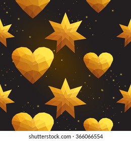 Gold polygonal shape: magic star and golden heart on black gold sparkle background. Gold poly seamless pattern in hipster triangle low poly style. Gold background for vip, gift, website luxury design