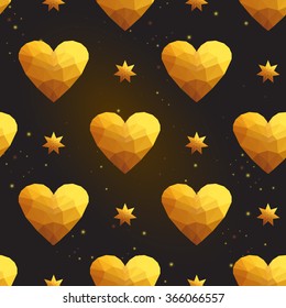 Gold polygonal shape: magic star and golden heart on black gold sparkle background. Gold poly seamless pattern in hipster triangle low poly style. Gold background for vip, gift, website luxury design