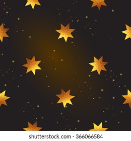 Gold polygonal shape: magic star on black gold sparkle background. Gold polygonal seamless pattern in hipster triangle low poly style. Gold background for vip, gift, website luxury design