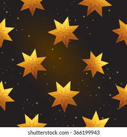Gold polygonal shape: magic star on black gold sparkle background. Gold polygonal seamless pattern in hipster triangle low poly style. Gold background for vip, gift, website luxury design