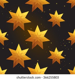 Gold polygonal shape: magic star on black gold sparkle background. Gold polygonal seamless pattern in hipster triangle low poly style. Gold background for vip, gift, website luxury design